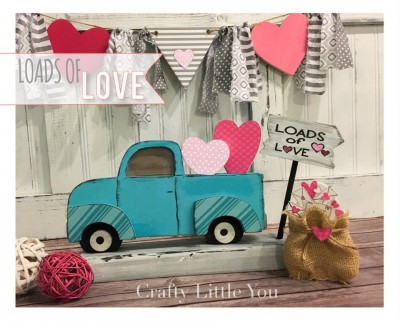 Unfinished kit measures apx. 4" tall
Kit includes 2 wooden hearts, bag of love, sign, vinyl, and dowel
*cut your own envelopes out of cardstock paper
*truck sold separately