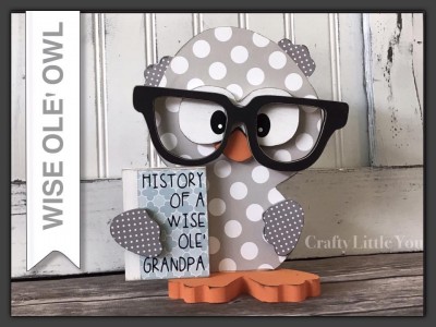 Unfinished kit measures 9" tall and includes wooden owl, eyes, nose, hands, glasses, book and vinyl with grandpa. 

*Any customization is $3 more.