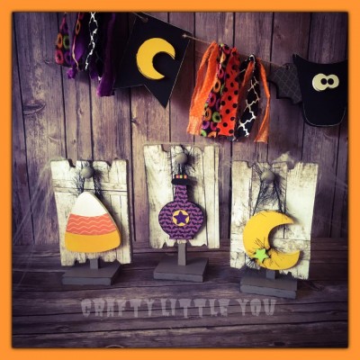 Unfinished kit includes wooden potion, candy corn, and moon. Each measures apx. 4" tall. 
$8