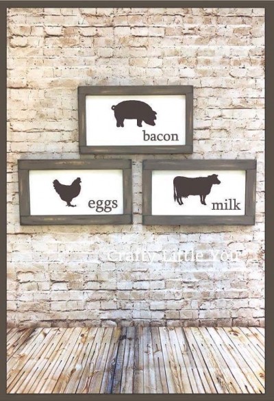 BACON, EGGS, MILK
(PL958)

Unfinished kit measures 7.5” x 13” on each piece and includes wooden MDF
•frame 
•plaque 
•black vinyl 
$30
Finished $55
