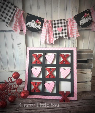 Unfinished kit measures apx. 12” x 12” 
And includes wooden MDF
•frame 
•backing 
•5- x’s 
•4- hearts 

