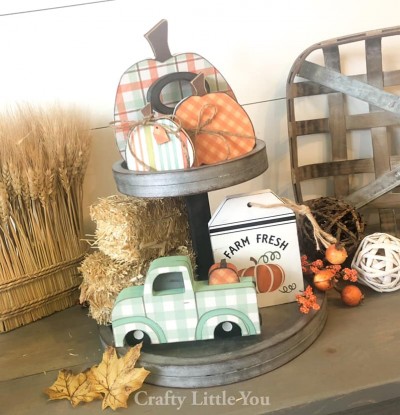Unfinished kit includes wooden MDF
• 3 pumpkins (largest is 7” tall) 
•old truck with overlay (4” tall) 
•wooden tag (5.5” tall) 
•black vinyl with pumpkin stencil  
