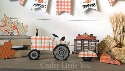 Unfinished tractor measures apx. 9” long by 6.5” tall 
And includes wooden MDF
•tractor and 2 tires 
•trailer and wheel well 
•set of pumpkins 
(8pieces total)
