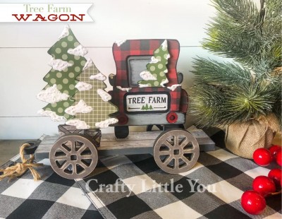 Unfinished kit measures apx. 9.5”
tall and comes with wooden MDF
• truck with tail gate and tree overlay
• 2- trees in stands
• black vinyl with tree stencil
