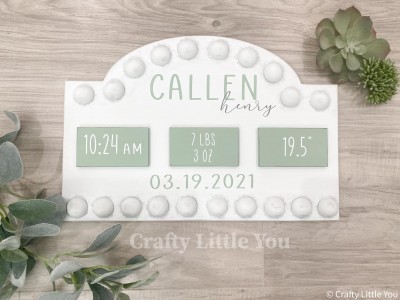 Unfinished kit measures 14” wide x 9.5” tall and includes wooden MDF
•back piece
•3 wood rectangle pieces
•white vinyl stats
•vinyl stencil name and date
