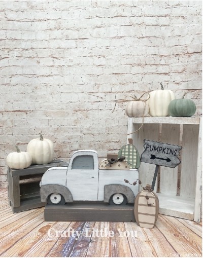 Unfinished kit measures apx. 3" tall
Kit includes 3 wooden pumpkins, sign, vinyl, and dowel
*truck sold separately