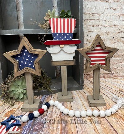Unfinished kit measures apx. 6.5" on Uncle Same and includes wooden MDF:
* 2 stars on stands
* 2 star overlays
* 1 Uncle Sam on stand
* 1 hat brim overlay
* 1 mustache overlay
* 3 bases