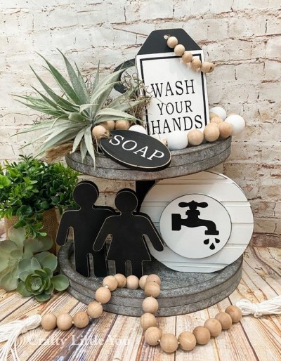 Unfinished kit measures apx. 6" tall on the circle, and includes:
* 1 "Wash Your Hands" Sign
* 1 set of Man & Woman Bathroom Figurines
* 1 Grooved Circle with Faucet Overlay
* Black Vinyl