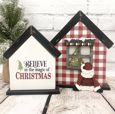 Unfinished kit measures apx. 8"x6.25" and includes wooden MDF: 
* 2 house overlays
* 1 sitting Santa with arms and hat overlay
* 1 window pan overlay
* 1 Christmas lights overlay
* 2 pieces Velcro
* Vinyl stencil