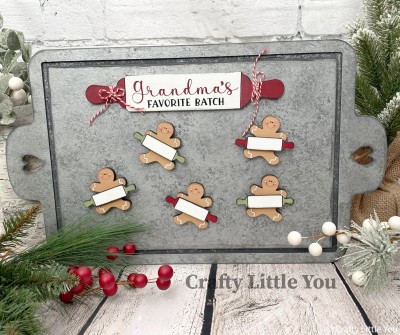 Unfinished kit measures apx. 11"x18" and includes wooden MDF:
* 1 baking sheet with groove
* 1 large rolling pin
* 5 gingerbread cookies with engraved faces
* 5 small rolling pins
* Grandma's Favorite Batch black vinyl - (some is stencil) 