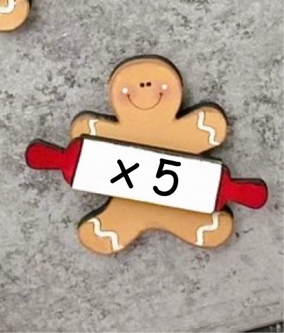 Unfinished kit measures apx. 2.25" and includes wooden MDF: 
* 5 gingerbread cookies with engraved faces
* 5 small rolling pins