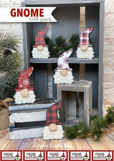 Unfinished gift set includes 5 sets of wooden MDF gnomes that measure apx. 5.5" tall includes
*gnomes and noses

