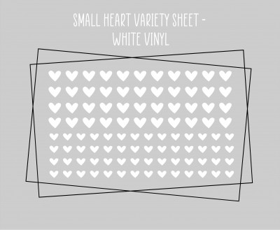 Kit includes in white vinyl: 
* (44) Hearts measuring .3" tall
* (56) Hearts measuring .2" tall