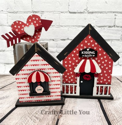 Unfinished kit measures apx. 8"x6.25" and includes wooden MDF:
* 2 house overlays
* 2 porch railing overlays
* 1 window with awning and love potion attached
* 1 porch cover awning
* 1 Kissing Booth sign
* 1 set of lips
* White vinyl
* 2 pieces Velcro