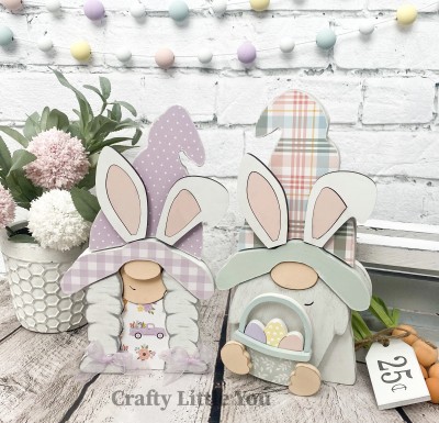 Unfinished kit includes wooden MDF: 
* 2 hats
* 2 brims
* 4 bunny ears
* 1 Easter basket with lip overlay
* 1 dress
* 10 dot Velcros