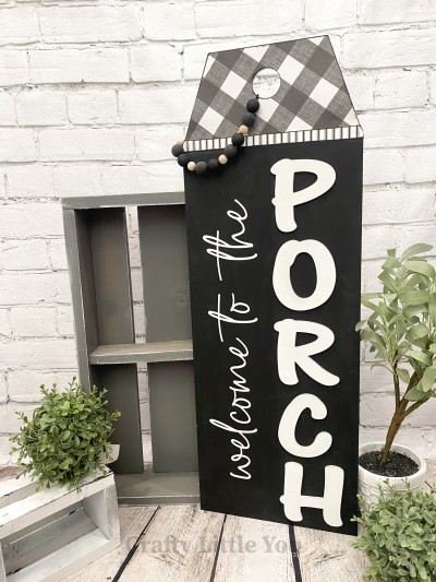 Unfinished kit measures apx. 29"x10" tall and includes wooden MDF:
* 1 porch tag
* 1 set of "PORCH" wood overlay letters
* White vinyl