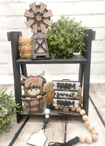 Unfinished kit includes wooden MDF:
*1 windmill
*1 windmill back piece
*1 cow main piece
*1 hair overlay
*1 snout overlay
*2 feet hair overlays
*1 flower overlay
*1 standing sign
*2 sets of "FARM" wood overlay words
*1 "sweet" wood word overlay
*2 bases