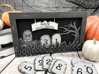 Unfinished kit measures apx. 7.5"x13" and includes wooden MDF:
*1 - 7.5"x13" back piece
*1 frame
*1 “Days Til’ Halloween” sign overlay
*1 grassy hill with connected  gravestone overlay
*1 spooky tree overlay
*2 fence wood overlays
*12 gravestones with numbers engraved