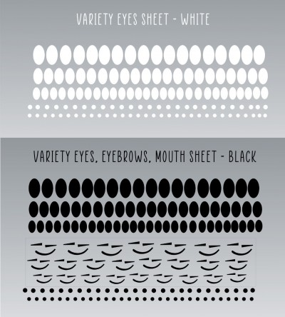 Kit includes:
* 1 sheet of white vinyl eyes in varying sizes.
* 1 sheet of black vinyl eyes, eyebrows, and mouths, in varying sizes.

*These vinyl eyes and faces are in some our most popular sizes! 