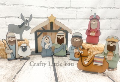 Unfinished kit measures apx. 5" tall on the figurines and includes wooden MDF:
*3 wise men figurines with overlays
*1 shepherd figurine with overlays
*1 donkey with overlays
*1 sheep with overlays
*1 camel with overlays
*7 bases
*Total of 33 pieces