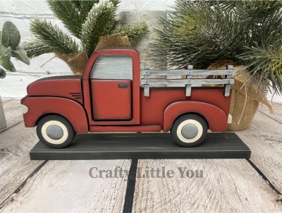 Unfinished kit measures apx. 5.5"x11" and includes wooden MDF:
* 1 truck main piece
* 1 hood, door frame, door, footboard, and truck bed fence overlay
* 2 wheel well and tire overlays
* 1 truck base with drilled hole for sign change-outs 