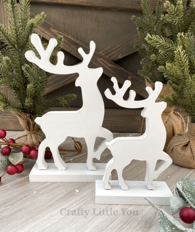 Unfinished kit measures apx. 8" tall on the biggest reindeer and includes wooden MDF:
* 2 reindeer silhouettes
* 2 bases