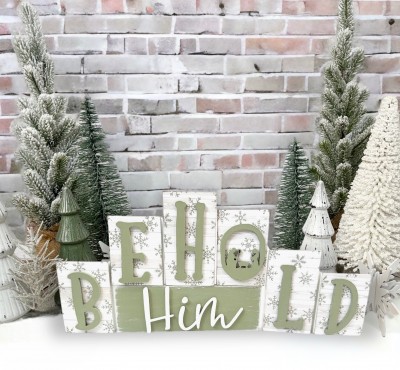 Unfinished kit measures apx.13.75"x6.75" and includes wooden MDF:
*7 wood blocks
*1 set of “Behold Him” overlay wood letters