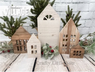 Unfinished kit includes wooden MDF: 
* 1 house measuring 12"
* 1 house measuring 9"
* 1 house measuring 7.5"
* 1 house measuring 6"
* 1 house measuring 3.5"