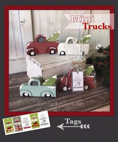 MINI TRUCK gift set of 5!
(CH710) 
Unfinished kit measures apx. 4” tall and includes wooden MDF 
•5 trucks with tree and overlay piece 
 
