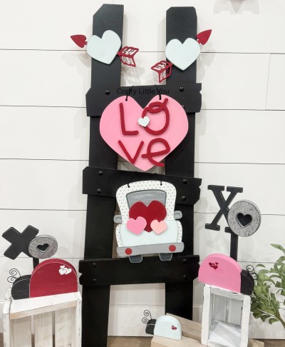 Unfinished kit measures apx. 11" tall on the truck, and includes wooden MDF:
*1 large heart
*“LOVE” wood overlay letters
*1 truck main piece
*1 tailgate overlay
*4 heart overlays
*2 hearts with connected arrows