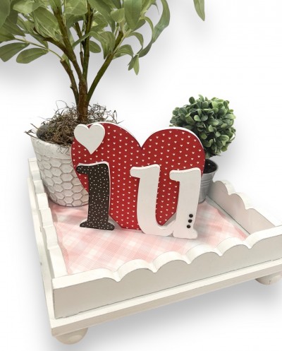 Unfinished kit measures apx. 6" and includes wooden MDF:
*1 large heart
*1 small heart
*1 letter “i”
*1 letter “u”