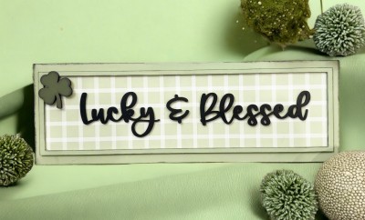 Unfinished kit measures apx.18"x6" and includes wooden MDF:
*1 main piece board
*1 frame overlay
*1 set of “Lucky & Blessed” wood word overlays
*1 shamrock overlay
