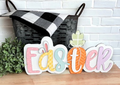 Unfinished kit measures apx. 14.5" x 7.25" and includes wooden MDF:
*1 back piece
*1 set of “Easter” wood letters
*1 carrot overlay