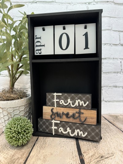 Unfinished kit measures apx. 7"x4.5" and includes wooden MDF:
*3 stacking wood blocks
*2 sets of “Farm” wooden words
*1 “Sweet” wooden word