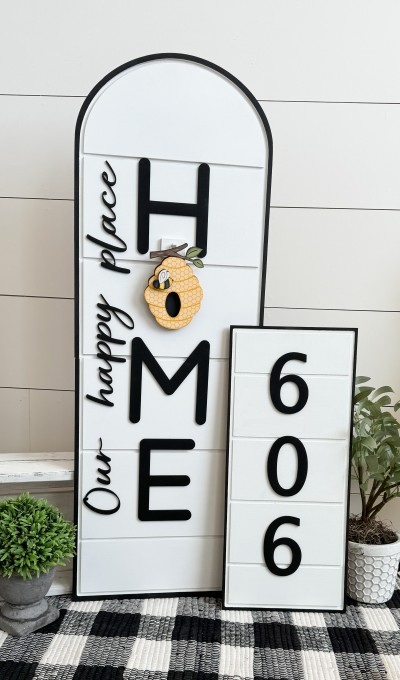 Unfinished kit includes wooden MDF:
*1 grooved board
*1 set of customized house numbers

*Please specify what numbers you 
would like when ordering.
*Sign can fit up to 5 house numbers. 