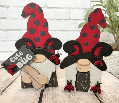 Unfinished kit includes wooden MDF:
*2 hats
*2 hat brims
*1 dress
*2 sets of ladybug antennae
*5 ladybugs with overlay wings
*1 sign
*Vinyl
*10 Velcro dots