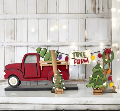 Unfinished kit measures apx. 6.5" and includes wooden MDF: *3 Christmas trees *1 sign with “Tree Farm” wooden words *2 Christmas light poles with stands *8 light overlays *1 Christmas wreath and bow