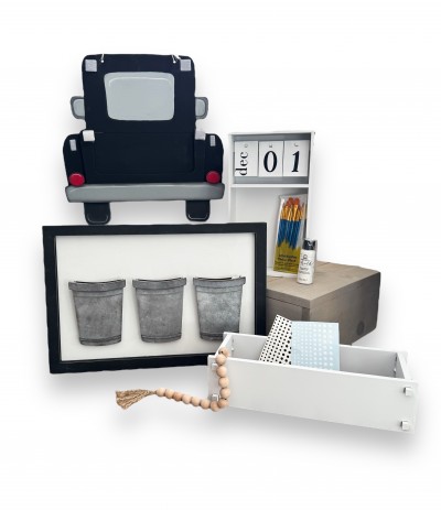 Package includes: 
* 1 Hanging Truck (BP104)
* 1 Bucket Sign (BP101)
* 1 Box Calendar (BP103)
* 1 Interchangeable Crate (HM821) 
* 1 Bead Garland (HM771) 
* 1 White Mini Dot Variety Sheet (NS363) 
* 1 Black Mini Dot Variety Sheet (NS364) 
* 1 White Chalk Paint (PAINT-5936)
* 1 Brush Set (SUPPLY-103)