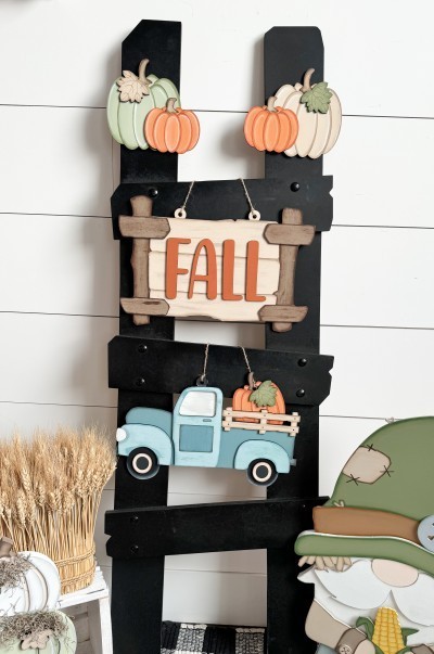 Unfinished kit measures apx. 8.5" tall on the truck, and includes wooden MDF:
*1 hanging sign with corner wood piece overlays
*1 set of “FALL” wood letters
*1 old truck main piece with connected pumpkin
*2 fender overlays
*2 tire overlays
*1 truck door overlay
*1 truck fence overlay
*4 pumpkins
*3 leaf overlays