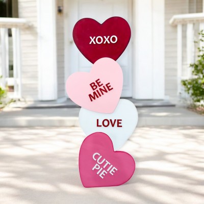 Unfinished kit measures 30" and includes wooden MDF:*2 sets of 2 hearts to stack *1 over lay heart *1 brace piece *1 set of lasered wood words
“xoxo, be mine, love, cutie pie”