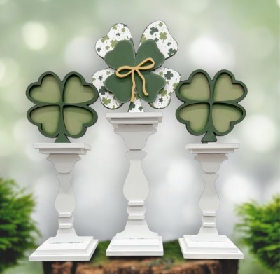 Unfinished kit is 5" on biggest shamrock and includes wooden MDF: *3 shamrocks (1 Larges, 2 small) *1 shamrock with bow overlay *2 small shamrock overlays