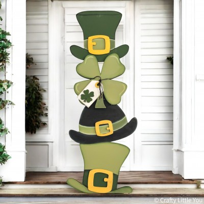 Unfinished kit measures  30" and includes wooden MDF: *2 sets of 2 hats to stack *1 overlay shamrock *1 brace piece *1 tag with shamrock overlay *3 buckles