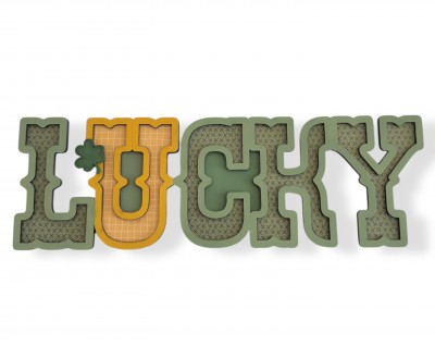 Unfinished kit measures 15"x5" and includes wooden MDF: *1 “LUCKY” back piece *1 “LUCKY” overlay *1 shamrock