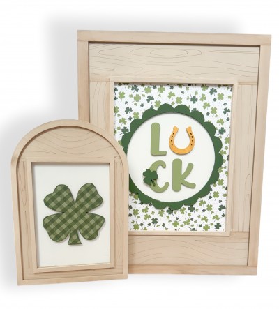 Unfinished kit pieces made to fit Framed Art and includes wooden MDF: *1 - 8"x10"  and 5"x7" backs *1 set of “Luck” words with shamrock  *1 scallop circle *1 shamrock