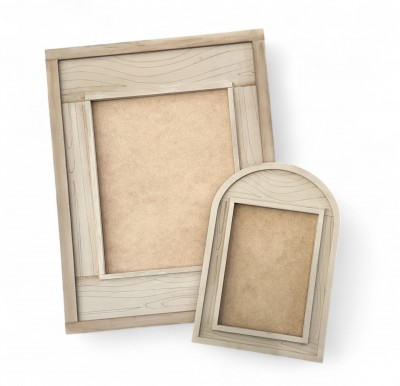 8x10 FRAME DETAILS:
*1 - 15.5"x12" wood pattern mat *1 back piece with holes *1 outside frame *4 inside frame strips *1 - 8"x10" back *2 turn button fasteners *2 screws
5X7 FRAME DETAILS:
1 - 10"x7" arched wood pattern mat *1 back piece with holes *1 arched outside frame *4 inside frame strips *1 - 5"x7" back *2 turn button fasteners *2 screws