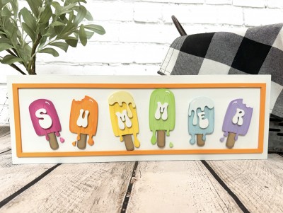 Unfinished kit measures apx. 18"x6" and includes wooden MDF:
*1 main piece board
*1 frame overlay
*6 popsicles
*2 popsicles drip overlays
*6 droplets
*1 set of “SUMMER” wood overlay letters