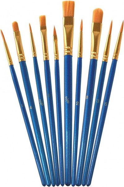 Inlcudes:
* 1 package of 10 acrylic paint brushes. 
* Brushes vary in size. 