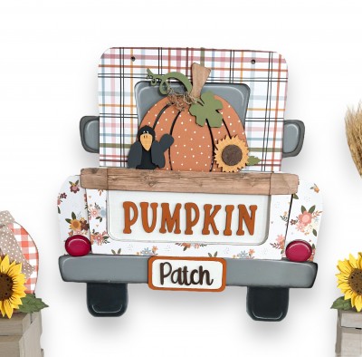 Unfinished kit pieces made to fit the Hanging Truck 2.0 and include wooden MDF:
*1 truck cab overlay
*2 fender overlays
*1 tail gate overlay with connected license plate
*1 tailgate panel with  connected pumpkin
*1 leaf overlay
*1 crow with wings and beak overlay
*1 sunflower with center overlay
*1 set of “PUMPKIN” and “Patch” wood letters
*6 pieces square Velcro