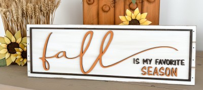 Unfinished kit measures apx. 6"x18" and includes wooden MDF:
*1 main piece board
*1 frame overlay
*1 cursive “fall” wood word overlay 
*1 set of “is my favorite season” wood word overlays