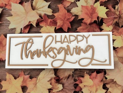 Unfinished kit measures apx. 6"x18" and includes wooden MDF:
*1 main piece board
*2 frame piece overlays
*1 set of “Happy Thanksgiving” wood letter overlays